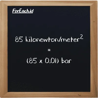 How to convert kilonewton/meter<sup>2</sup> to bar: 85 kilonewton/meter<sup>2</sup> (kN/m<sup>2</sup>) is equivalent to 85 times 0.01 bar (bar)